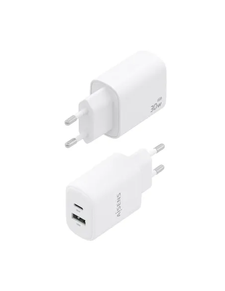 AISENS Cargador GaN 30W, 1xUSB-C PD3.0 QC4.0, 1xUSB-A QC3.0, Blanco