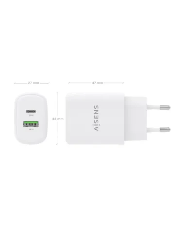 AISENS Cargador GaN 30W, 1xUSB-C PD3.0 QC4.0, 1xUSB-A QC3.0, Blanco