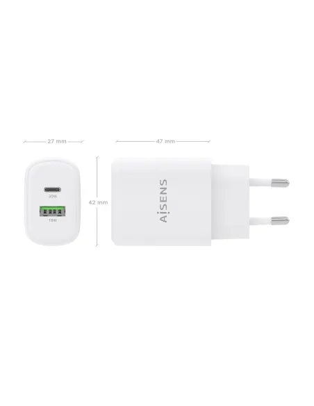 AISENS Cargador GaN 30W, 1xUSB-C PD3.0 QC4.0, 1xUSB-A QC3.0, Blanco