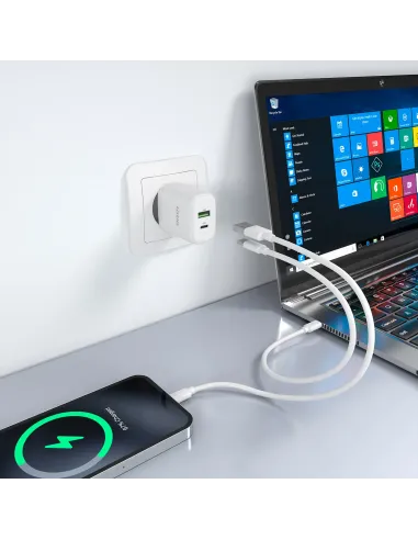 AISENS Cargador GaN 30W, 1xUSB-C PD3.0 QC4.0, 1xUSB-A QC3.0, Blanco