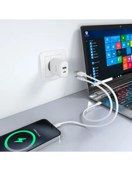 AISENS Cargador GaN 30W, 1xUSB-C PD3.0 QC4.0, 1xUSB-A QC3.0, Blanco