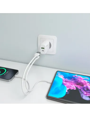 AISENS Cargador GaN 30W, 1xUSB-C PD3.0 QC4.0, 1xUSB-A QC3.0, Blanco