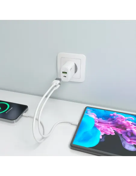 AISENS Cargador GaN 30W, 1xUSB-C PD3.0 QC4.0, 1xUSB-A QC3.0, Blanco