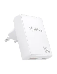 AISENS Cargador De Pared GaN Ultra Delgado 30W, 1xUSB-C PD3.0 QC4.0, 1xUSB-A QC3.0, Blanco