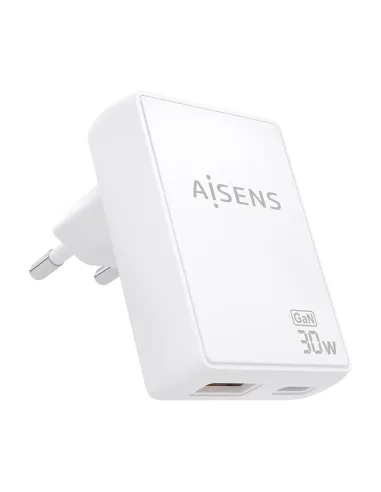 AISENS Cargador De Pared GaN Ultra Delgado 30W, 1xUSB-C PD3.0 QC4.0, 1xUSB-A QC3.0, Blanco