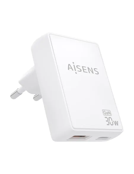 AISENS Cargador De Pared GaN Ultra Delgado 30W, 1xUSB-C PD3.0 QC4.0, 1xUSB-A QC3.0, Blanco