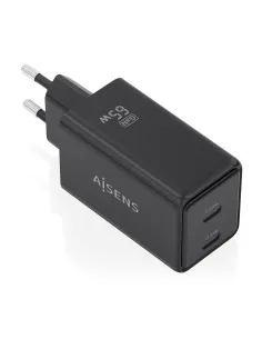 AISENS Cargador GaN 65W, 2xUSB-C PD3.0 QC4.0, Negro