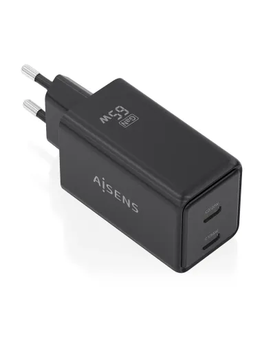 AISENS Cargador GaN 65W, 2xUSB-C PD3.0 QC4.0, Negro