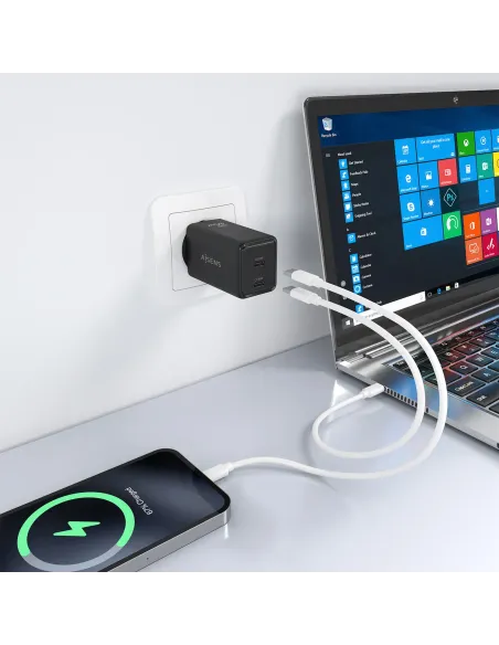AISENS Cargador GaN 65W, 2xUSB-C PD3.0 QC4.0, Negro