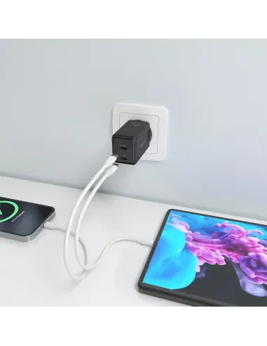 AISENS Cargador GaN 65W, 2xUSB-C PD3.0 QC4.0, Negro