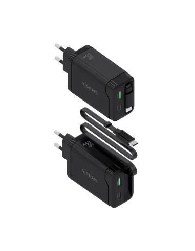 AISENS Cargador GaN 65W, 1xUSB-C Cable Retractil, 1xUSB-C PD3.0, 1xUSB-A QC3.0, Negro