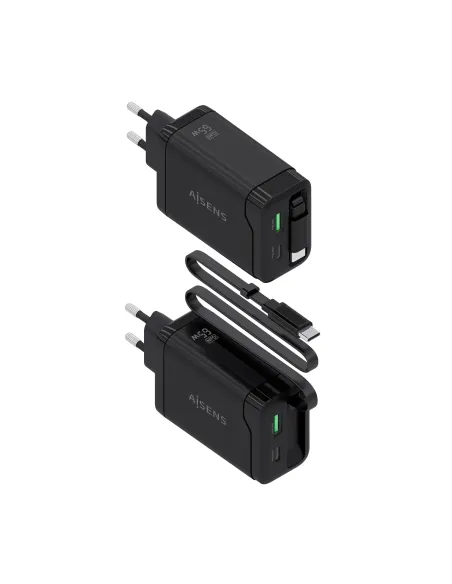AISENS Cargador GaN 65W, 1xUSB-C Cable Retractil, 1xUSB-C PD3.0, 1xUSB-A QC3.0, Negro
