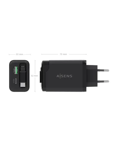 AISENS Cargador GaN 65W, 1xUSB-C Cable Retractil, 1xUSB-C PD3.0, 1xUSB-A QC3.0, Negro