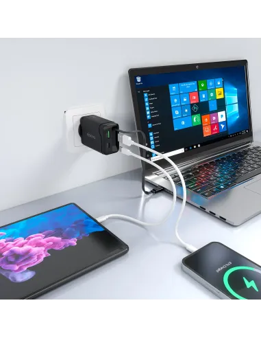 AISENS Cargador GaN 65W, 1xUSB-C Cable Retractil, 1xUSB-C PD3.0, 1xUSB-A QC3.0, Negro