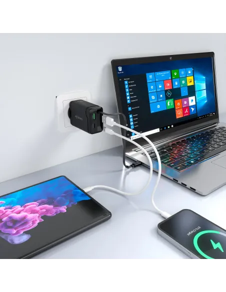 AISENS Cargador GaN 65W, 1xUSB-C Cable Retractil, 1xUSB-C PD3.0, 1xUSB-A QC3.0, Negro