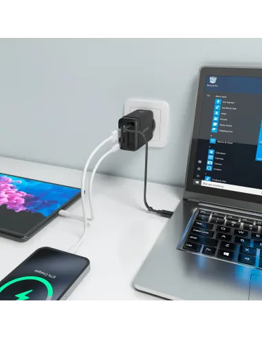 AISENS Cargador GaN 65W, 1xUSB-C Cable Retractil, 1xUSB-C PD3.0, 1xUSB-A QC3.0, Negro