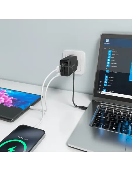 AISENS Cargador GaN 65W, 1xUSB-C Cable Retractil, 1xUSB-C PD3.0, 1xUSB-A QC3.0, Negro