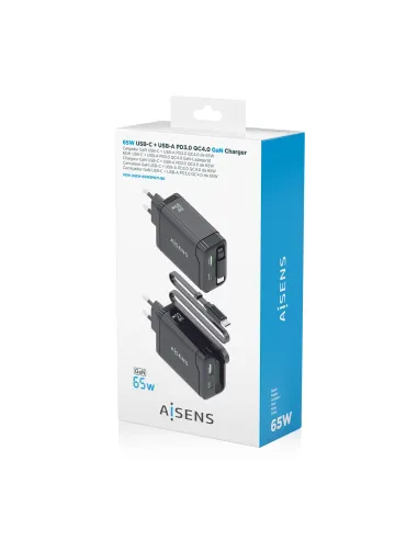 AISENS Cargador GaN 65W, 1xUSB-C Cable Retractil, 1xUSB-C PD3.0, 1xUSB-A QC3.0, Negro