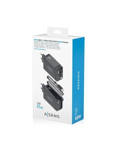 AISENS Cargador GaN 65W, 1xUSB-C Cable Retractil, 1xUSB-C PD3.0, 1xUSB-A QC3.0, Negro