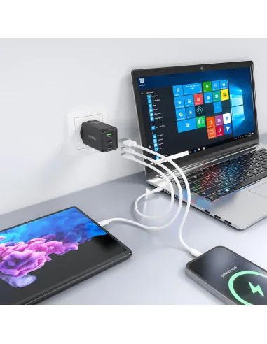 AISENS Cargador GaN 65W, 2xUSB-C PD3.0 QC4.0, 1xUSB-A QC3.0, Negro