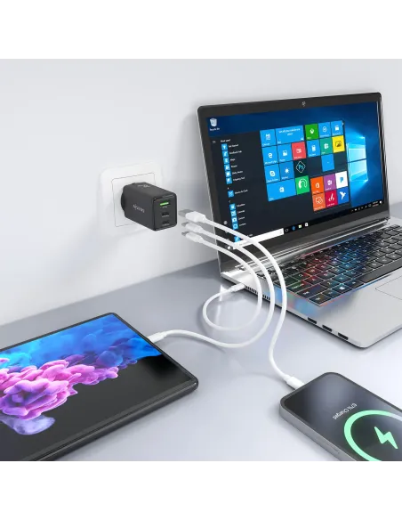 AISENS Cargador GaN 65W, 2xUSB-C PD3.0 QC4.0, 1xUSB-A QC3.0, Negro