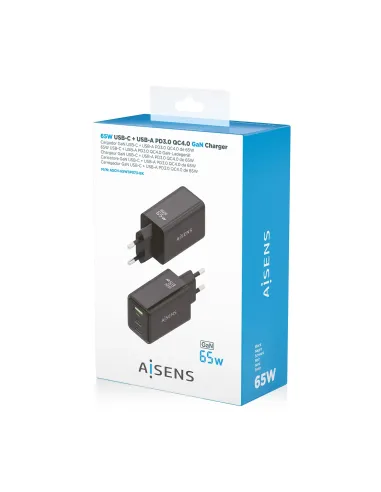 AISENS Cargador GaN 65W, 2xUSB-C PD3.0 QC4.0, 1xUSB-A QC3.0, Negro