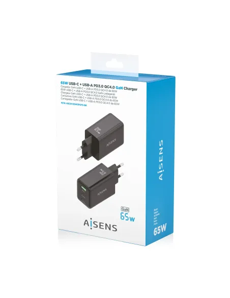 AISENS Cargador GaN 65W, 2xUSB-C PD3.0 QC4.0, 1xUSB-A QC3.0, Negro