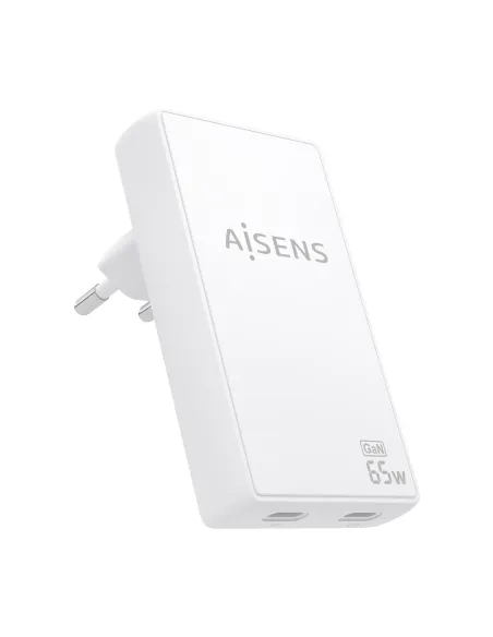 AISENS Cargador De Pared GaN Ultra Delgado 65W, 2xUSB-C PD3.0 QC4.0, Blanco