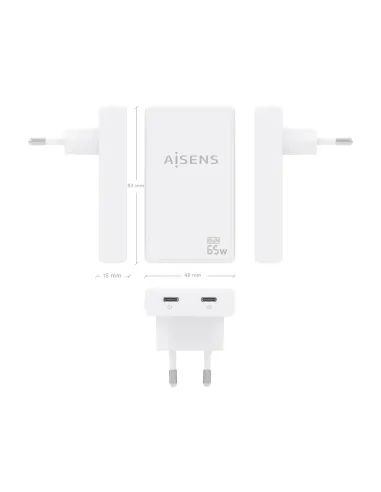AISENS Cargador De Pared GaN Ultra Delgado 65W, 2xUSB-C PD3.0 QC4.0, Blanco