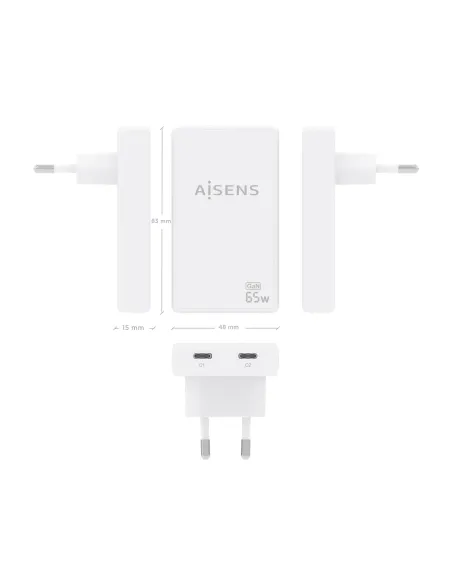 AISENS Cargador De Pared GaN Ultra Delgado 65W, 2xUSB-C PD3.0 QC4.0, Blanco