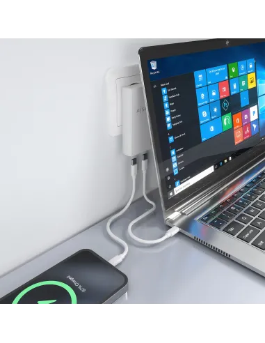 AISENS Cargador De Pared GaN Ultra Delgado 65W, 2xUSB-C PD3.0 QC4.0, Blanco