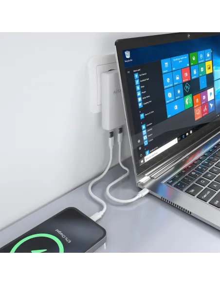 AISENS Cargador De Pared GaN Ultra Delgado 65W, 2xUSB-C PD3.0 QC4.0, Blanco