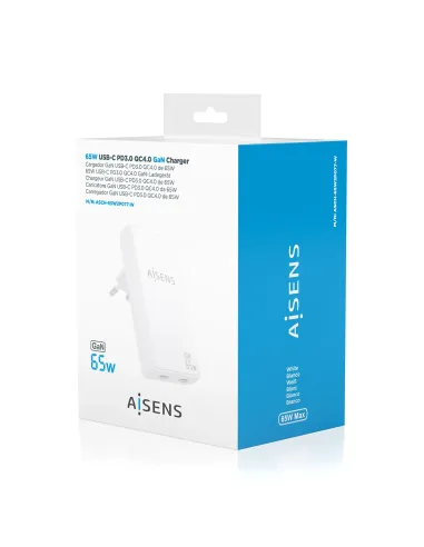 AISENS Cargador De Pared GaN Ultra Delgado 65W, 2xUSB-C PD3.0 QC4.0, Blanco