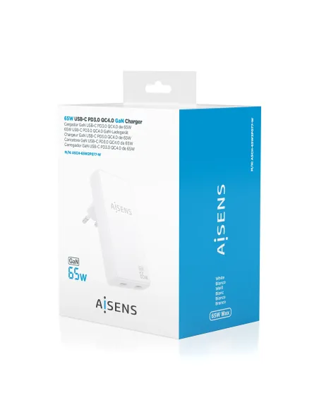 AISENS Cargador De Pared GaN Ultra Delgado 65W, 2xUSB-C PD3.0 QC4.0, Blanco