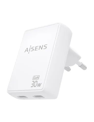 AISENS Cargador De Pared GaN Ultra Delgado 30W, 2xUSB-C PD3.0 QC4.0, Blanco