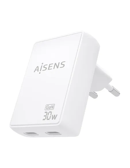 AISENS Cargador De Pared GaN Ultra Delgado 30W, 2xUSB-C PD3.0 QC4.0, Blanco