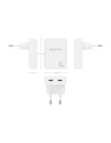AISENS Cargador De Pared GaN Ultra Delgado 30W, 2xUSB-C PD3.0 QC4.0, Blanco