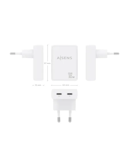 AISENS Cargador De Pared GaN Ultra Delgado 30W, 2xUSB-C PD3.0 QC4.0, Blanco