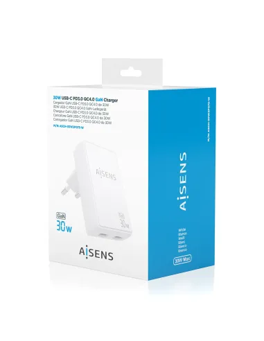 AISENS Cargador De Pared GaN Ultra Delgado 30W, 2xUSB-C PD3.0 QC4.0, Blanco