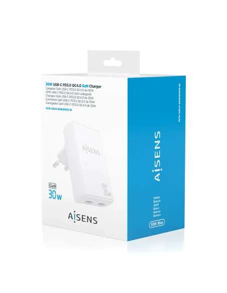 AISENS Cargador De Pared GaN Ultra Delgado 30W, 2xUSB-C PD3.0 QC4.0, Blanco