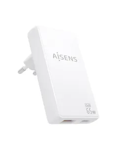 AISENS Cargador De Pared GaN Ultra Delgado 65W, 1xUSB-C PD3.0 QC4.0, 1xUSB-A QC3.0, Blanco