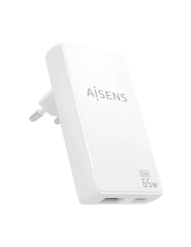 AISENS Cargador De Pared GaN Ultra Delgado 65W, 1xUSB-C PD3.0 QC4.0, 1xUSB-A QC3.0, Blanco