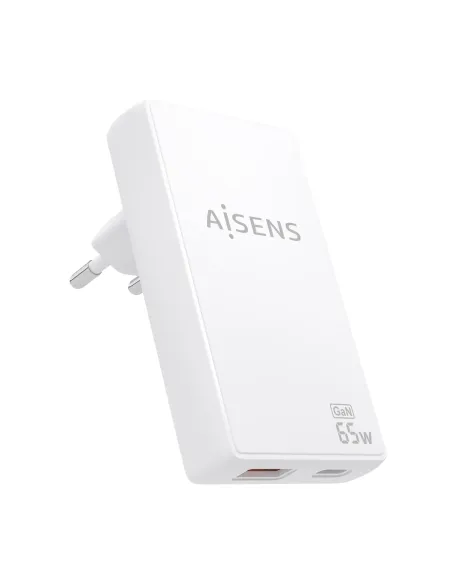 AISENS Cargador De Pared GaN Ultra Delgado 65W, 1xUSB-C PD3.0 QC4.0, 1xUSB-A QC3.0, Blanco