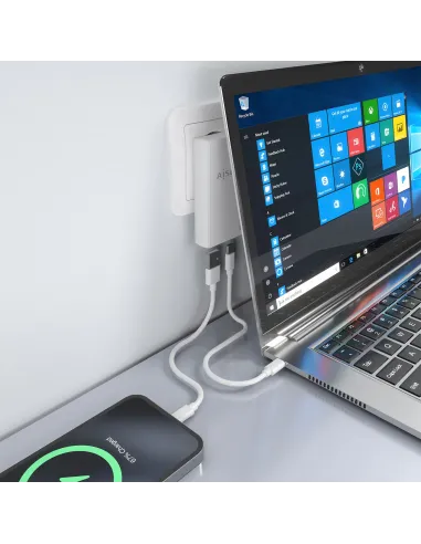 AISENS Cargador De Pared GaN Ultra Delgado 65W, 1xUSB-C PD3.0 QC4.0, 1xUSB-A QC3.0, Blanco