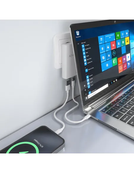 AISENS Cargador De Pared GaN Ultra Delgado 65W, 1xUSB-C PD3.0 QC4.0, 1xUSB-A QC3.0, Blanco