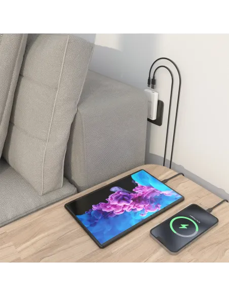 AISENS Cargador De Pared GaN Ultra Delgado 65W, 1xUSB-C PD3.0 QC4.0, 1xUSB-A QC3.0, Blanco