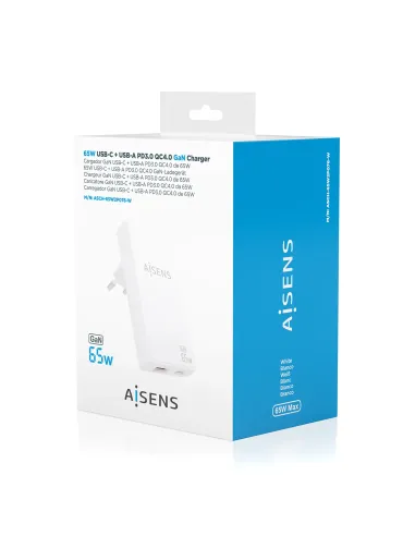 AISENS Cargador De Pared GaN Ultra Delgado 65W, 1xUSB-C PD3.0 QC4.0, 1xUSB-A QC3.0, Blanco