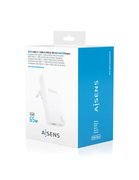 AISENS Cargador De Pared GaN Ultra Delgado 65W, 1xUSB-C PD3.0 QC4.0, 1xUSB-A QC3.0, Blanco