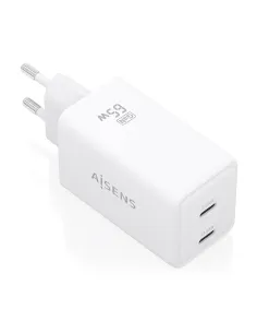AISENS Cargador GaN 65W, 2xUSB-C PD3.0 QC4.0, Blanco