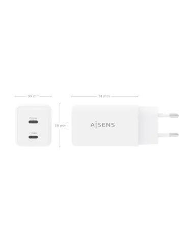 AISENS Cargador GaN 65W, 2xUSB-C PD3.0 QC4.0, Blanco